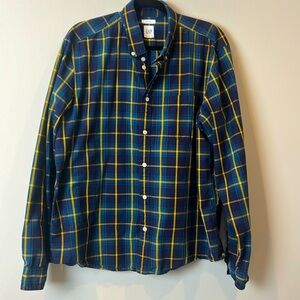 Gap Men’s XL Casual Blue Yellow Plaid Untucked Button Down 100% cotton Shirt